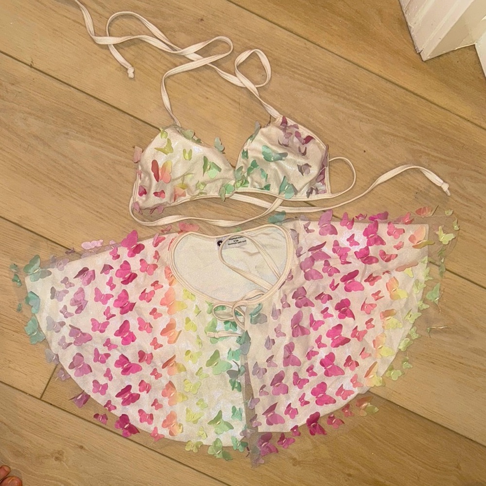 Colorful Butterfly Rave Wrap Skirt and Bikini top Set